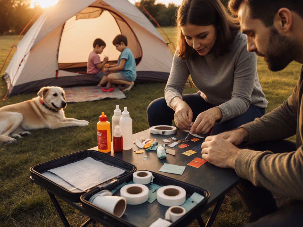 campsite_repair_workflow_showing_parents_fixing_tent_while_managing_kidspets